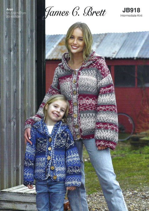 James C Brett JB918 Aran Knitting Pattern - Ladies Childrens Cardigan - Intermediate Knit (20-50in)