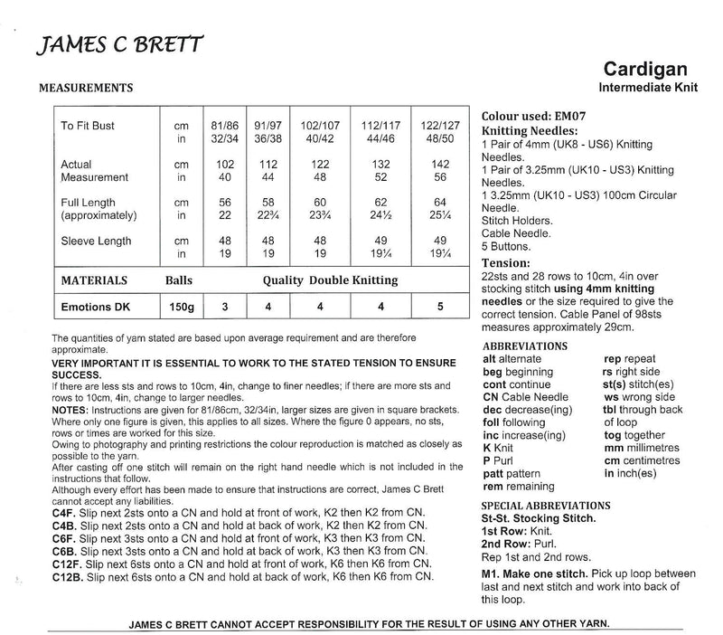 James C Brett Double Knitting Pattern JB923 - Ladies Cardigan (32-50in)