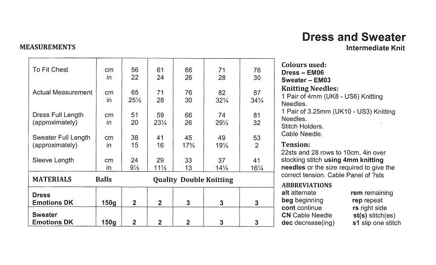 Pattern & Wool Bundle for Children's Dress (22-30in) - 3 x Emotions DK in EM06 + Pattern JB925