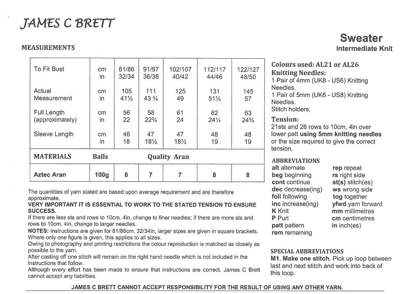 James C Brett JB928 Aran Knitting Pattern for Ladies Sweater (Intermediate Knit)