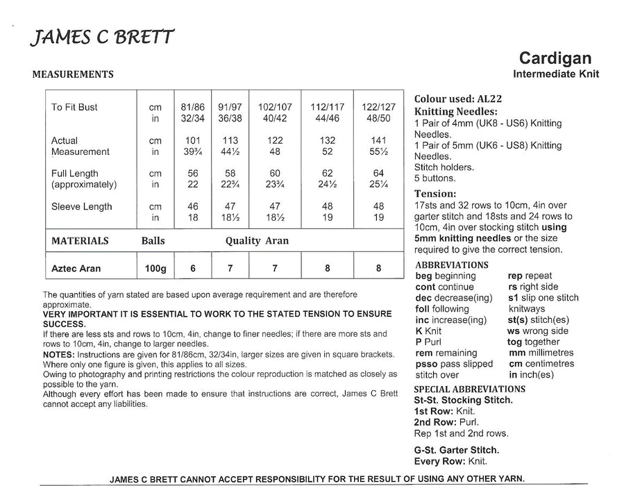 James C Brett JB929 Aran Knitting Pattern for Ladies Cardigan (Intermediate Knit)
