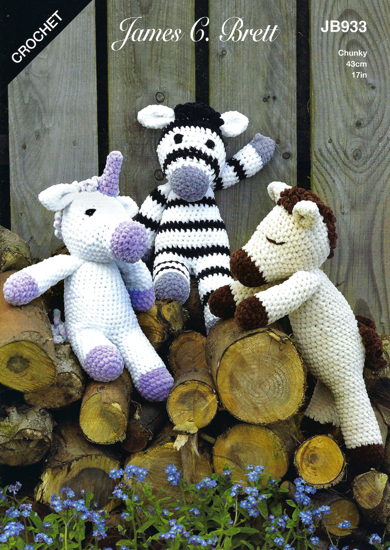 James C Brett JB933 Flutterby Chunky CROCHET pattern - Horatio Horse, Ursula Unicorn, Zachary Zebra Toy