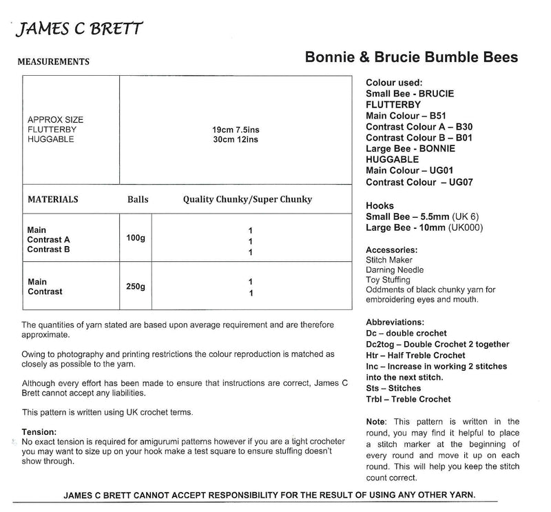 James C Brett JB936 Flutterby Chunky CROCHET pattern - Bonnie & Brucie Bumble Bees