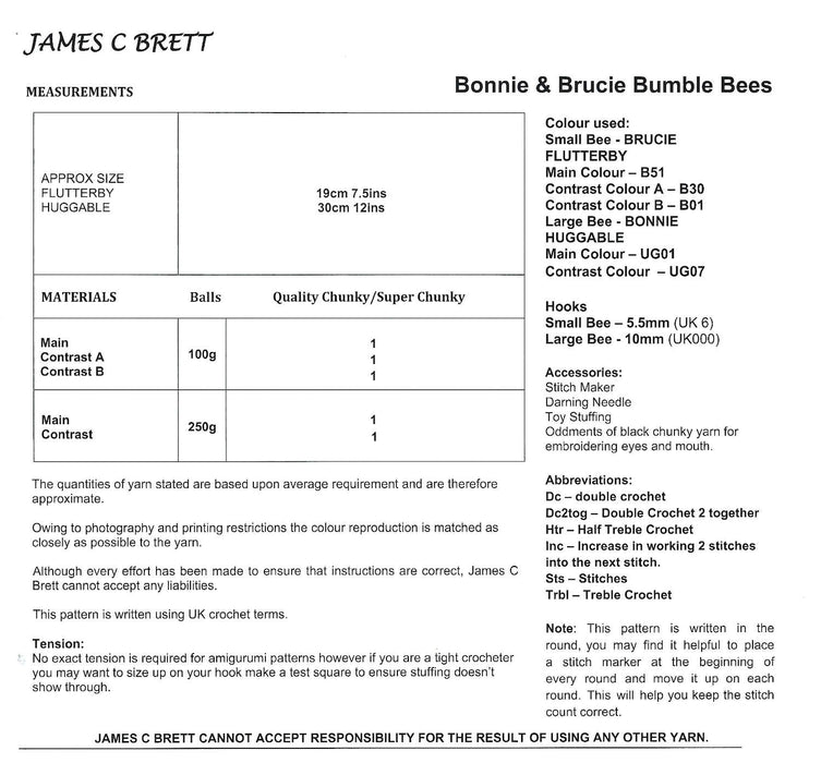 James C Brett JB936 Flutterby Chunky CROCHET pattern - Bonnie & Brucie Bumble Bees