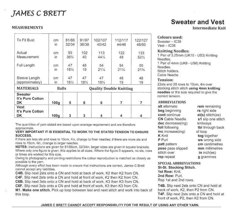 James C Brett JB943 Double Knitting Pattern - Cotton DK Ladies Sweater & Vest