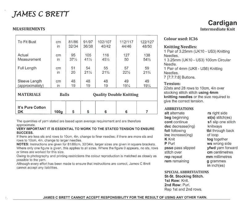 James C Brett JB944 Double Knitting Pattern - Cotton DK Ladies Cardigan