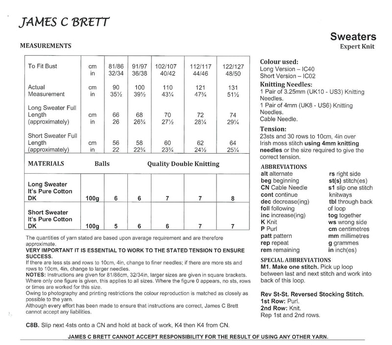 James C Brett JB945 Double Knitting Pattern - Cotton DK Ladies Sweaters