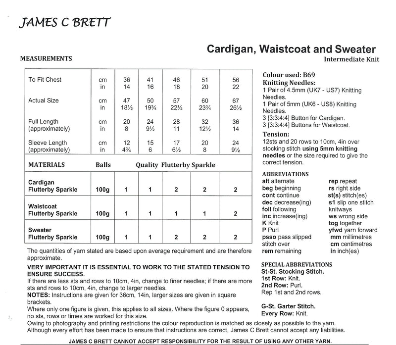 James C Brett JB946 Knitting Pattern - Baby Cardigan, Waistcoat & Sweater (14-22in)
