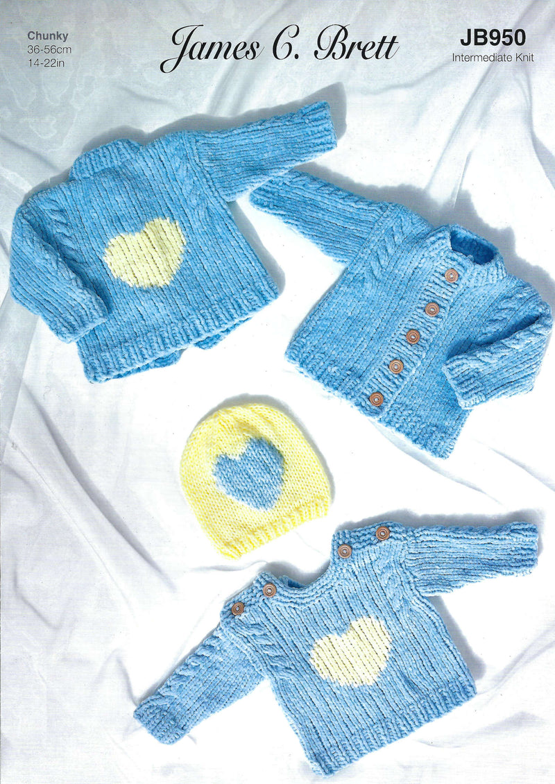 James C Brett JB950 Knitting Pattern - Baby Sweater, Cardigan & Hat (14-22in)
