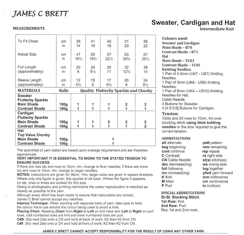 James C Brett JB950 Knitting Pattern - Baby Sweater, Cardigan & Hat (14-22in)