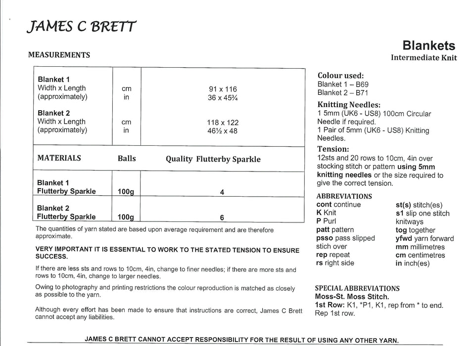 James C Brett JB951 Knitting Pattern - Baby Blankets Knitted in Flutterby Chunky