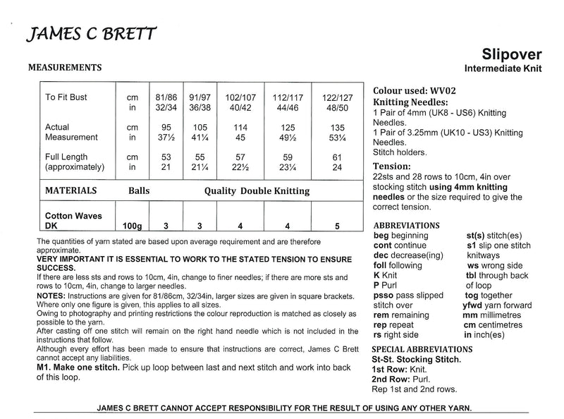 James C Brett JB967 Double Knitting Pattern - Cotton DK Ladies Slipover