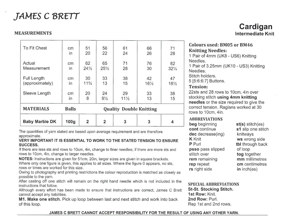 James C Brett JB973 Double Knitting Pattern - DK Cardigan for Children (20-28in) Intermediate