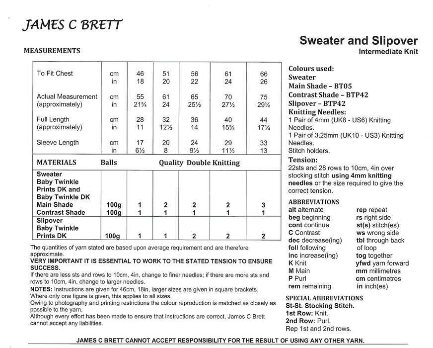James C Brett DK Knitting Pattern JB982 - Children's Sweater & Slipover - Intermediate Knit (18-26in)