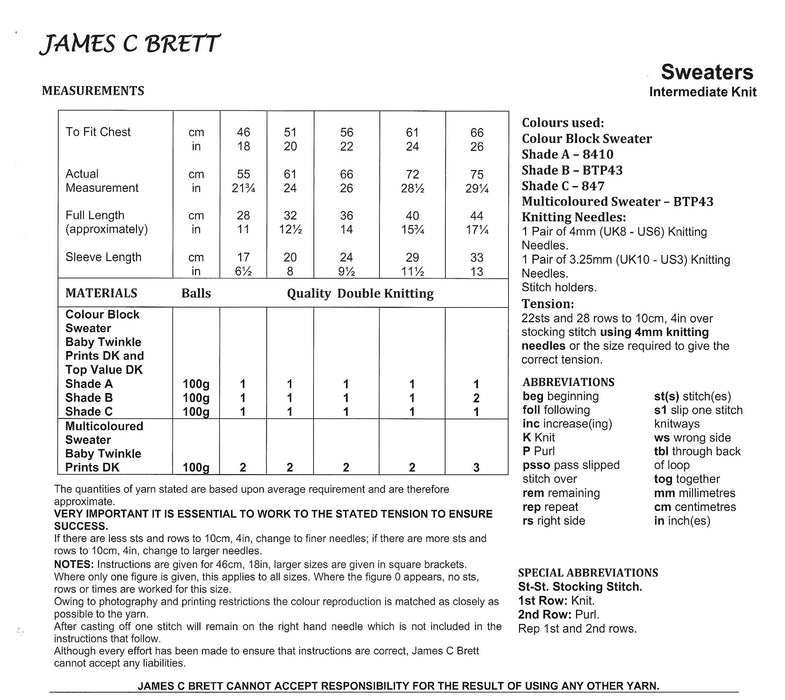 James C Brett DK Knitting Pattern JB983 - Children's Sweaters - Intermediate Knit (18-26in)