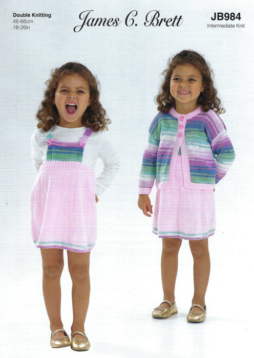 James C Brett DK Knitting Pattern JB984 - Children's Dress & Cardigan - Intermediate Knit (18-26in)