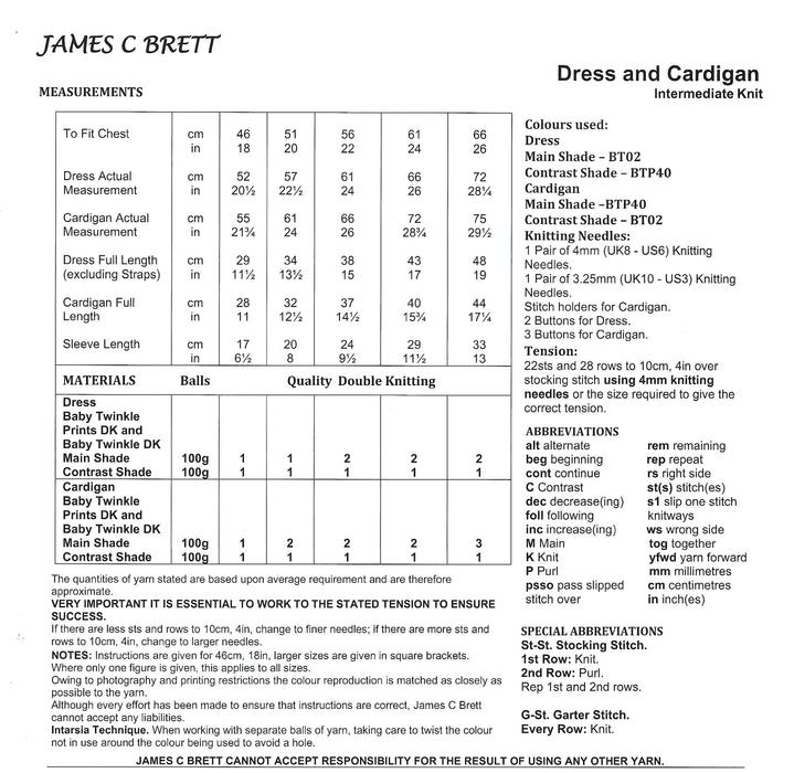 James C Brett DK Knitting Pattern JB984 - Children's Dress & Cardigan - Intermediate Knit (18-26in)