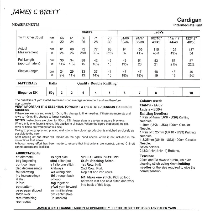James C Brett JB992 DK Ladies & Girls Cardigan Knitting Pattern