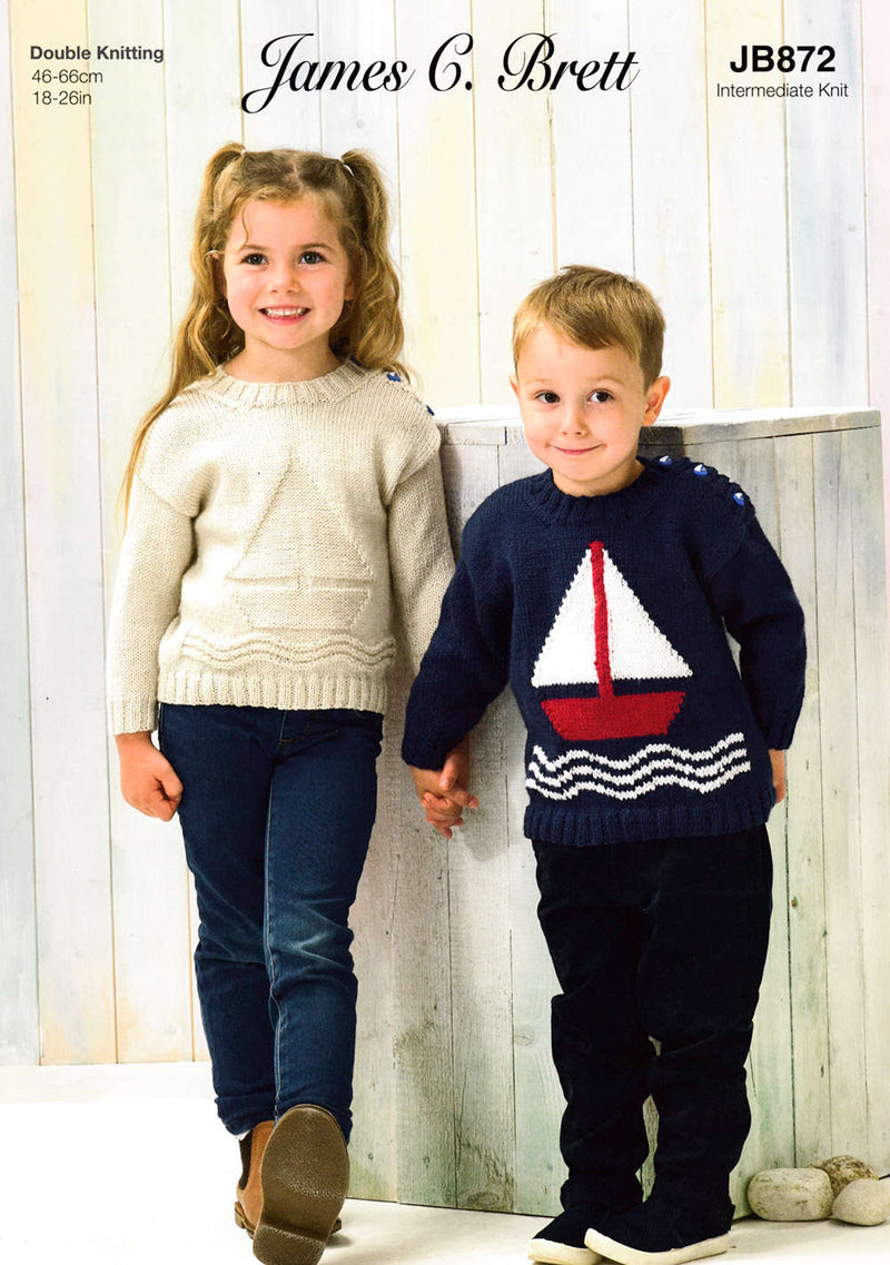 James C Brett JB872 Double Knitting Pattern - intermediate Knit - Children's Boat Sweaters