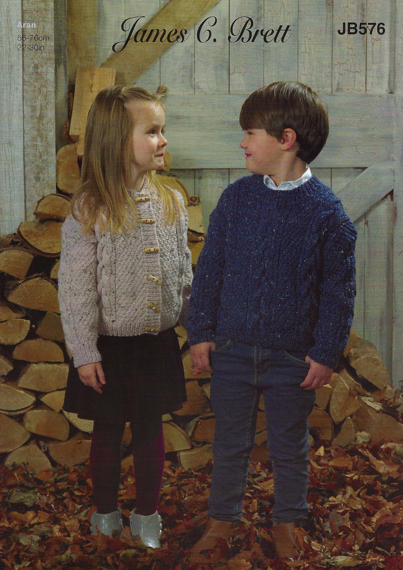 James C Brett JB576 Aran Knitting Pattern - Chlldren's Cardigan & Sweater (22 - 30 in)