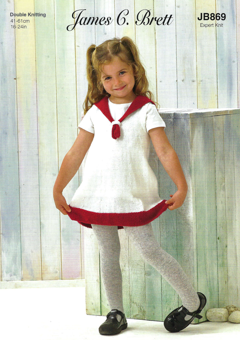 James C Brett JB869 Double Knitting Pattern - Expert Knit - Girls Sailor Dress DK