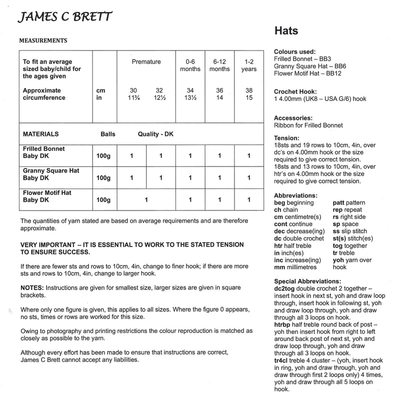 James C Brett JB703 CROCHET Pattern - Baby DK Hats (Prem to 2 Yrs) (Discontinued)