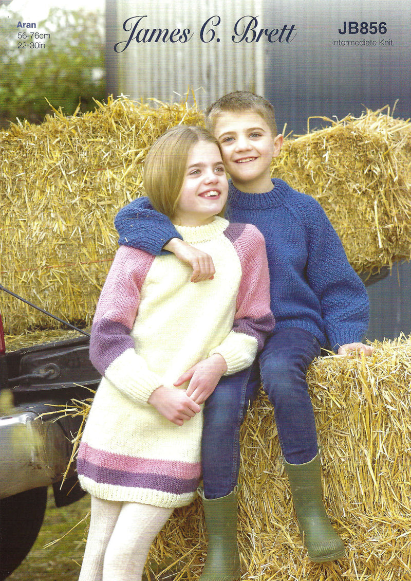 James C Brett Aran Knitting Pattern JB856 - Children's Dress & Sweater (Intermediate Knit)