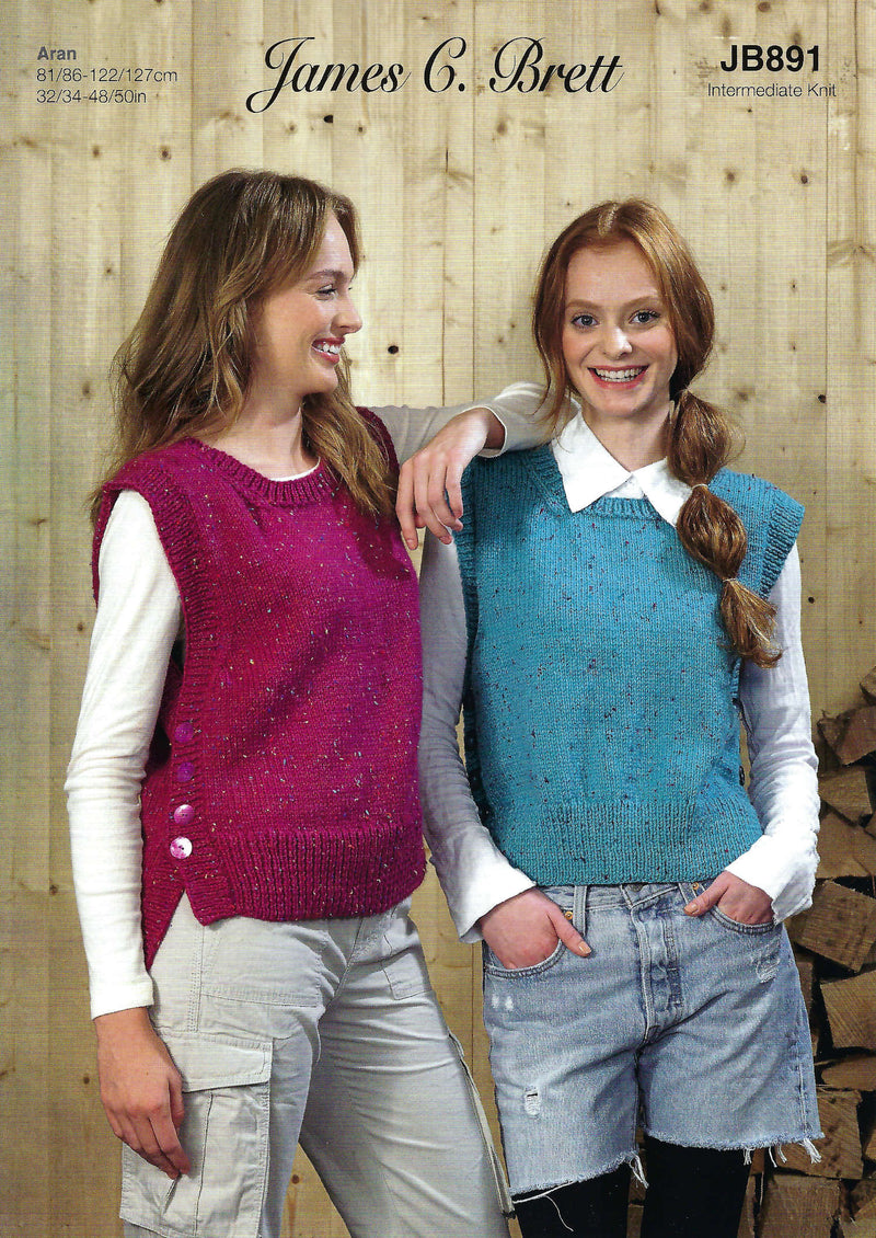 James C Brett JB891 Aran Knitting Pattern - Ladies Slipover - Intermediate Knit