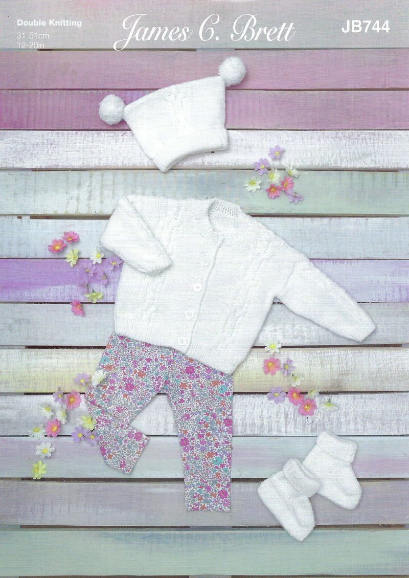 James C Brett JB744 Knitting Pattern - DK Baby Cardigan, Hat & Bootees (12-20 in)