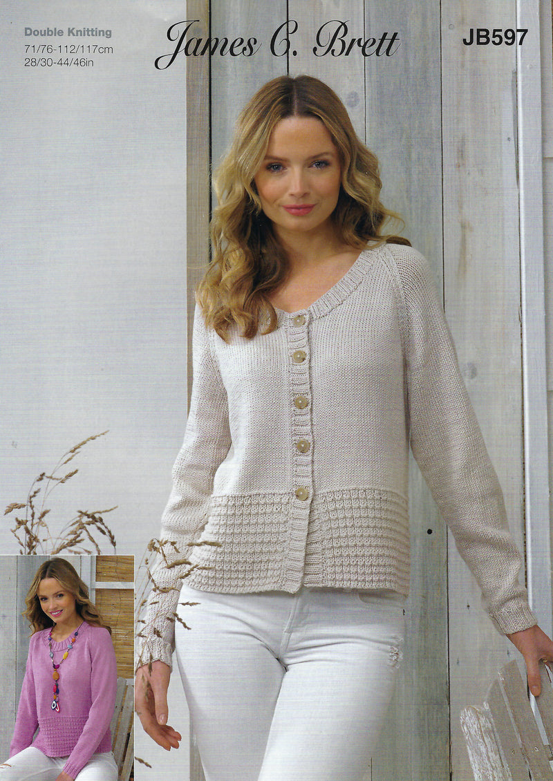 James C. Brett JB597 Ladies DK Knitting Pattern – Sweater & Cardigan (28–46in)