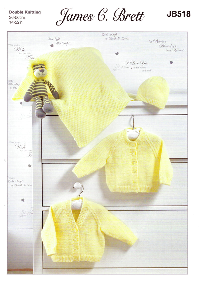 James C Brett Knitting Pattern JB518 - DK Baby Cardigans, Hat & Blanket (14-22in)