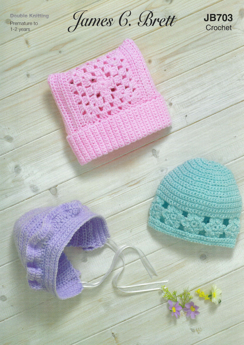 James C Brett JB703 CROCHET Pattern - Baby DK Hats (Prem to 2 Yrs) (Discontinued)