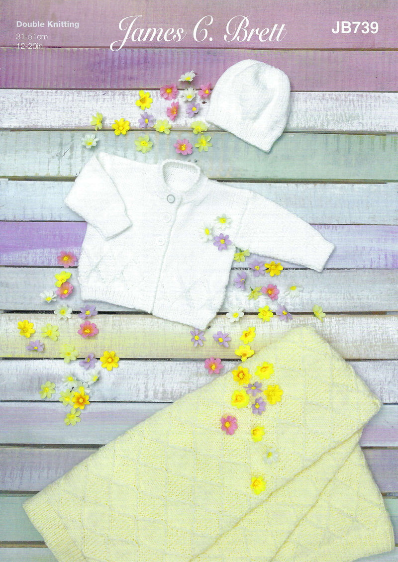 James C Brett DK JB739 - Baby Cardigan, Hat & Blanket (12-20 in)