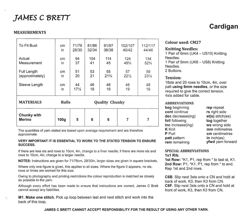 James C Brett JB751 Chunky Knitting Pattern - Ladies Cardigan (Discontinued)