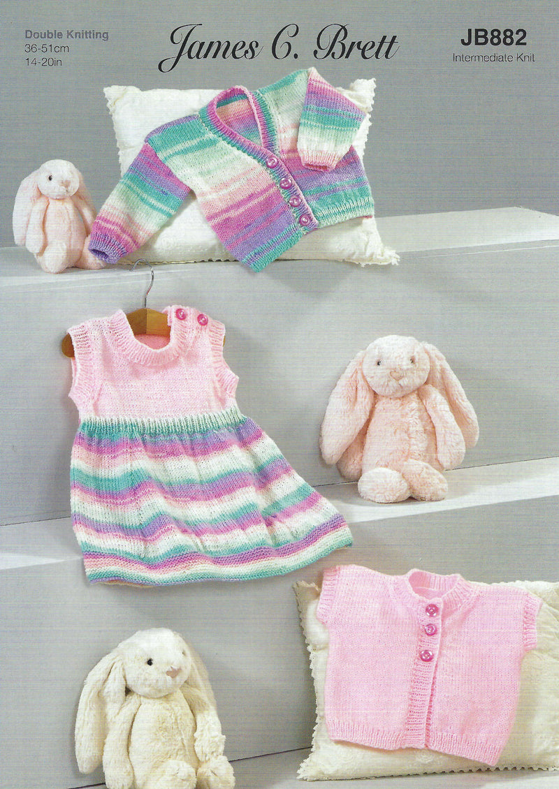 James C Brett DK Knitting Pattern JB882 - Baby Dress, Cardigan & Waistcoat - Intermediate Knit (14-20in)