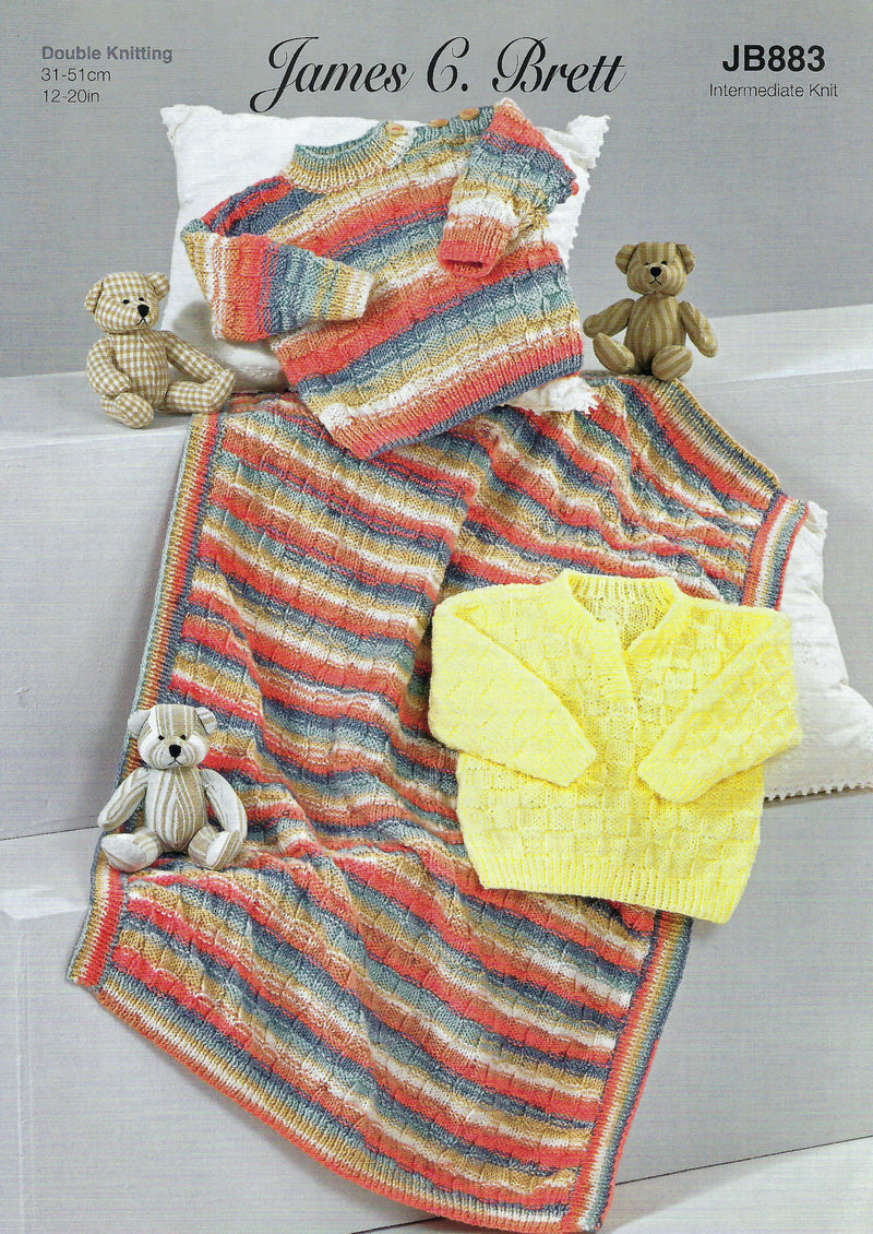 James C Brett DK Knitting Pattern JB883 - Baby Sweaters & Blanket - Intermediate Knit (12-20in)