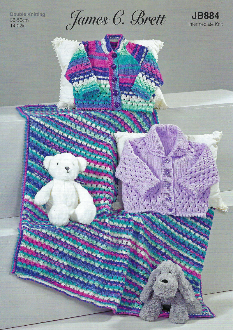 James C Brett DK Knitting Pattern JB884 - Cardigans & Blanket - Intermediate Knit (14-20in)