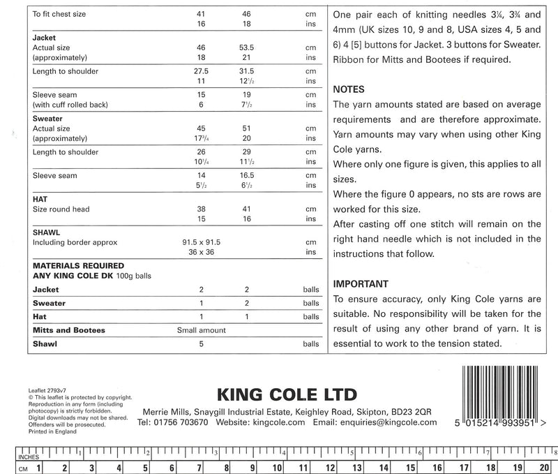 King Cole 2793 DK Knitting Pattern - Baby Jacket, Sweater, Hat, Mitts & Bootees and Shawl (16-18 in)