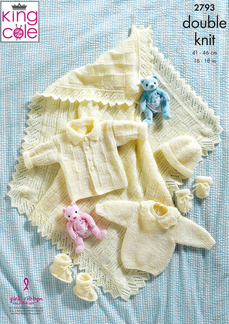 King Cole 2793 DK Knitting Pattern - Baby Jacket, Sweater, Hat, Mitts & Bootees and Shawl (16-18 in)