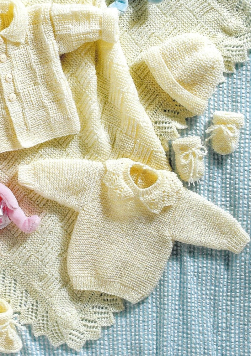 King Cole 2793 DK Knitting Pattern - Baby Jacket, Sweater, Hat, Mitts & Bootees and Shawl (16-18 in)