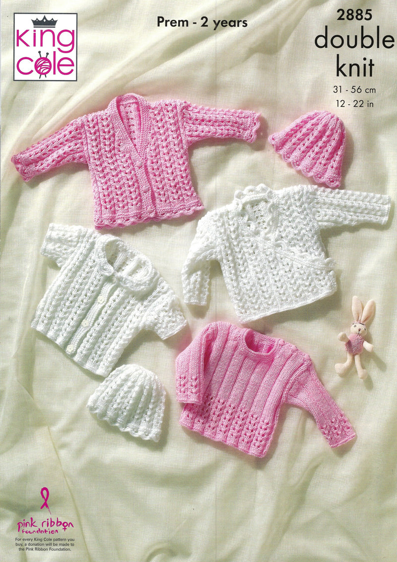 King Cole 2885 DK Knitting Pattern - Baby Cardigans, Sweater & Hat (Prem - 2 years)