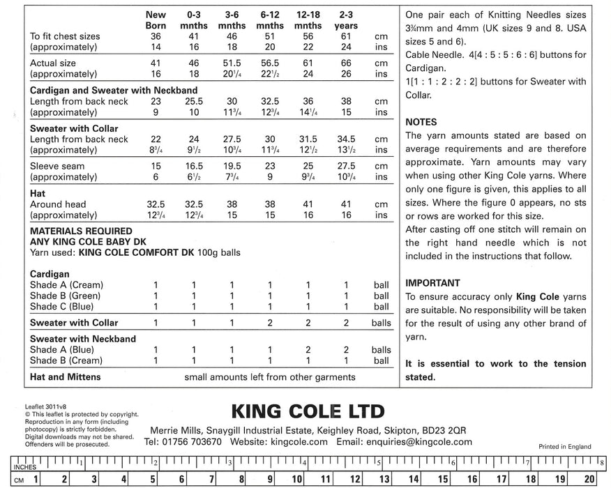 King Cole 3011 Double Knitting Pattern - DK Baby Cardigan, Sweaters, Hat & Mittens (Newborn - 3 years)