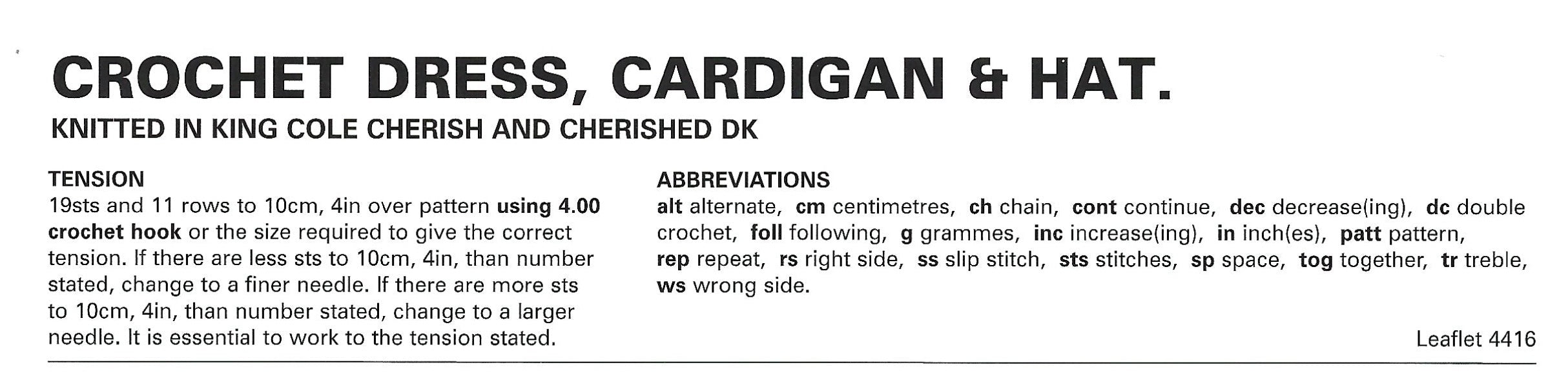 King Cole 4416 CROCHET Pattern - Baby Dress, Cardigan & Hat DK (12-22 in)