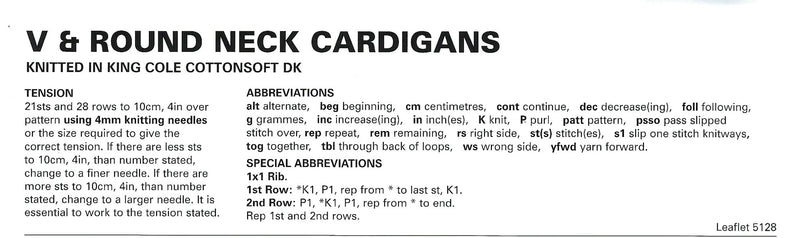 King Cole 5128 Double Knitting Pattern - Children's Cotton DK Cardigans (22 - 30 in)
