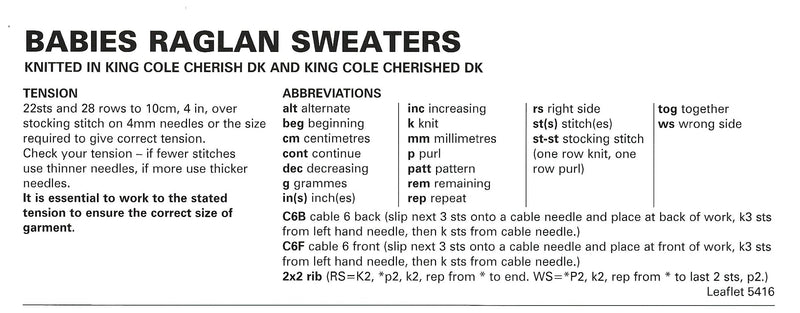 King Cole 5416 Baby DK Knitting Pattern for Raglan Sweaters (14-22in)