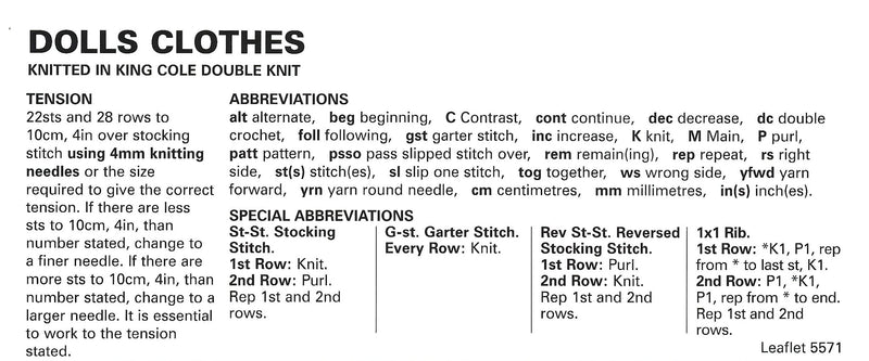 King Cole 5571 Doll Knitting Pattern - Dolls Clothes