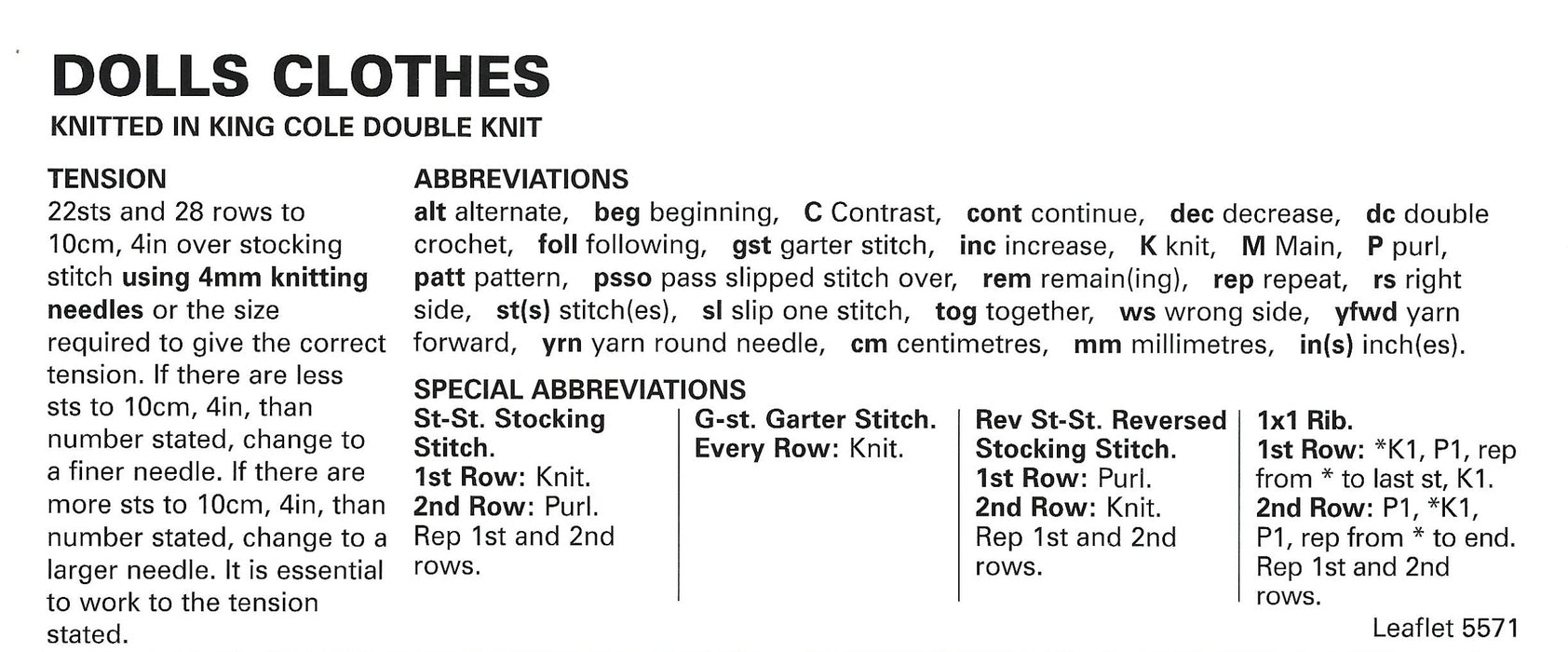 King Cole 5571 Doll Knitting Pattern - Dolls Clothes