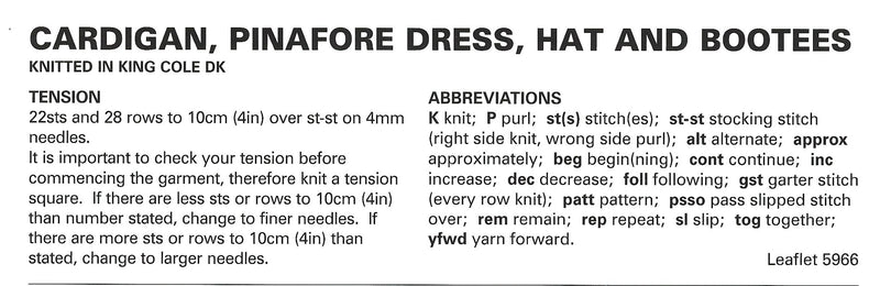 King Cole 5966 DK Knitting Pattern - Easy Lace Baby Cardigan, Pinafore Dress, Hat & Bootees (0 to 18 mnths)