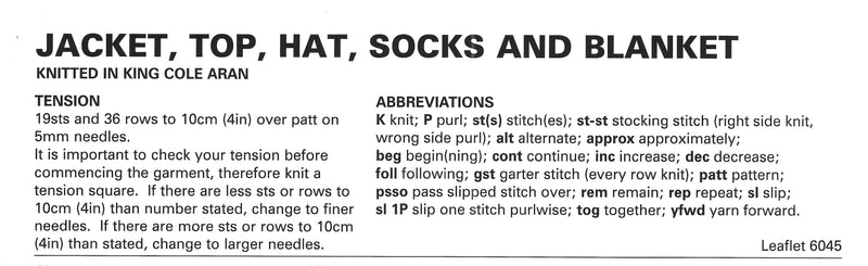 King Cole 6045 Aran Baby Knitting Pattern - Jacket, Top, Hat, Socks and Blanket (3 mnths - 3 Yrs)