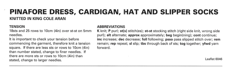 King Cole 6046 Aran Baby Knitting Pattern - Pinafore Dress, Cardigan, Hat & Slipper Socks (3 mnths - 3 Yrs)